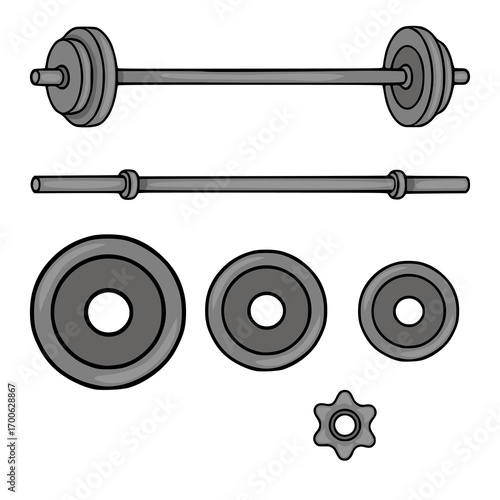 A vector illustration showcasing a detailed set of barbell components: a barbell, an Olympic barbell, and weight plates of varying sizes, along with a star-shaped weight collar, all rendered in a h...