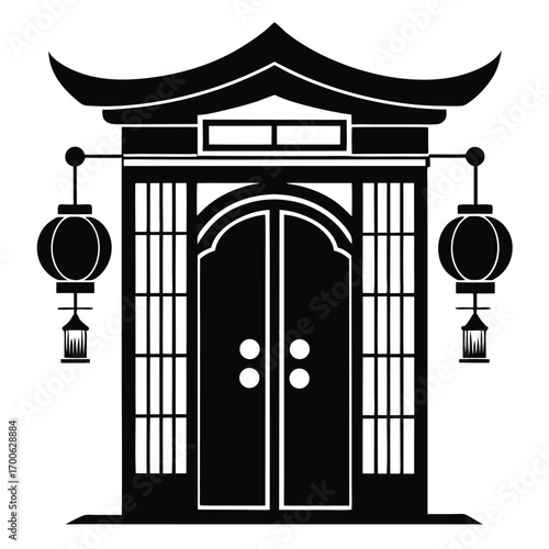 Black Silhouette of a Chinese Gate with Lanterns in Traditional Style Design