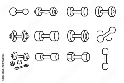 Diverse Dumbbell Icons. Line style icons of dumbbells for different demographics: kids' dumbbell, seniors' dumbbell, women's