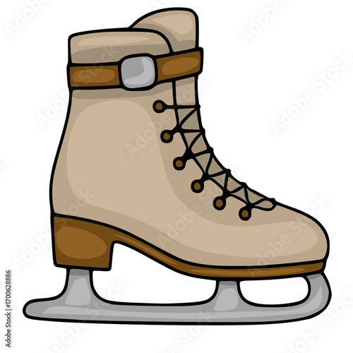 A charming vector illustration of a vintage ice skate, featuring a beige upper, brown accents, and detailed lacing, perfect for winter-themed designs.