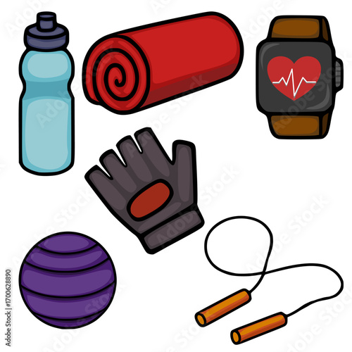 A vibrant vector illustration showcasing a collection of fitness equipment, including a water bottle, yoga mat, smartwatch, gym gloves, fitness ball, and jump rope, all rendered in a playful cartoo...
