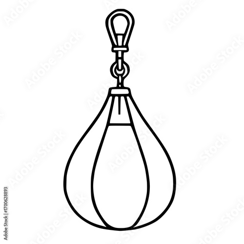 A detailed vector illustration of a pear-shaped speed bag, meticulously drawn with bold black outlines against a stark white background, showcasing its hanging mechanism and distinct segmented design.