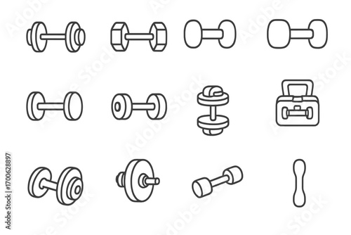 Dumbbell Icon Collection. Line style icons of dumbbell types and variations: round dumbbell, square dumbbell, soft grip dumbbell,