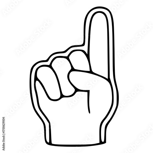 A vector illustration of a foam finger, a classic sports cheering accessory, depicted in a bold, black-and-white line art style with a simple, cartoonish design.