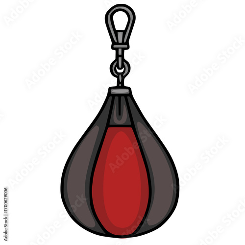 A vector illustration of a speed bag, a pear-shaped boxing training tool, hanging from a metal carabiner, detailed with dark gray and red tones.