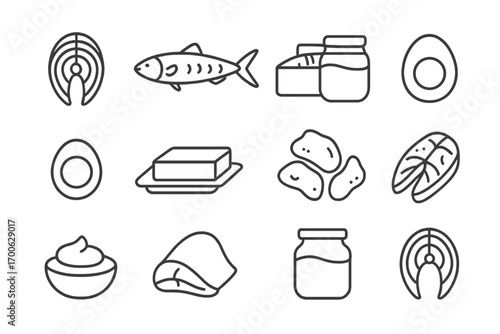 Animal Fat Icon Set. Line style icons of animal-based fat sources: salmon steak, sardine, mackerel, tuna slice; egg yolk,
