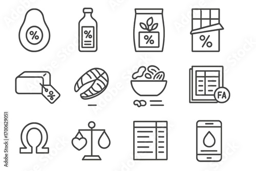 Fat Content Icons. Line style icons of fat content awareness: avocado with percentage, oil with nutrition facts, seed pack with