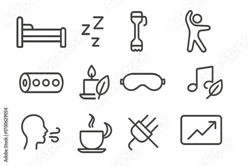Relaxation Line Icons. Line style icons of recovery and rest: bed, sleep icon, massage tool, stretching figure; foam roller,
