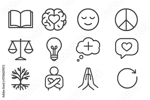 Mental Wellness Icons. Line style icons of mental wellness: open book, brain with heart, relaxed face, peace symbol; balanced