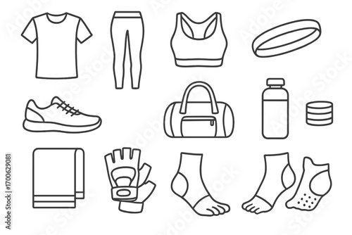 Gym Accessories Icons. Line style icons of gym clothing and accessories: gym shirt, leggings, sports bra, headband; sneakers, gym