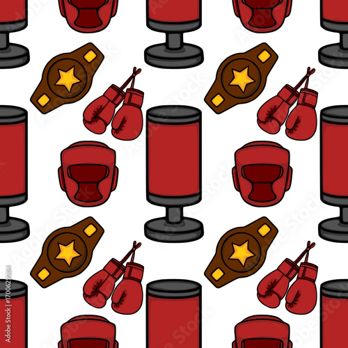 Seamless vector pattern featuring boxing equipment: red gloves, headgear, punching bag, and a champion's belt with a star, creating a dynamic and energetic sports design.