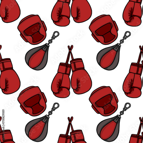 Seamless vector pattern featuring boxing gloves, headgear, and punching bag in a vibrant red and dark gray color scheme, ideal for sportswear or gym-related designs.