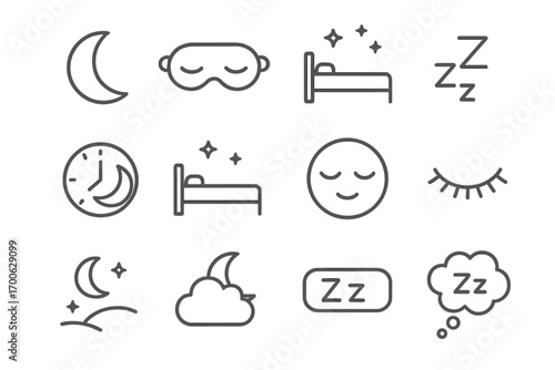 Sleep Icons Collection. Line style icons of sleep and recovery: moon icon, sleep mask, calm bed, Z symbol; clock with moon, stars