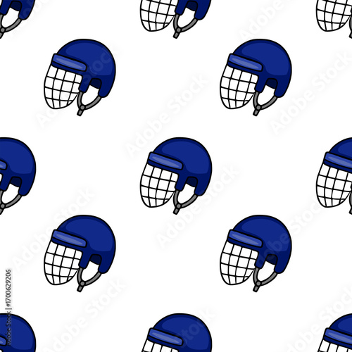 Seamless vector pattern featuring navy blue hockey helmets with white cage masks, creating a dynamic and sporty textile design.