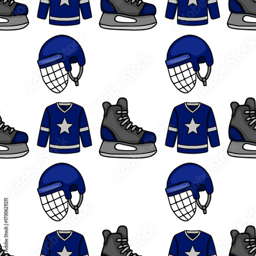 Seamless vector pattern featuring a repeating design of hockey jerseys, skates, and helmets in navy blue and gray, ideal for sports-themed backgrounds or textile prints.