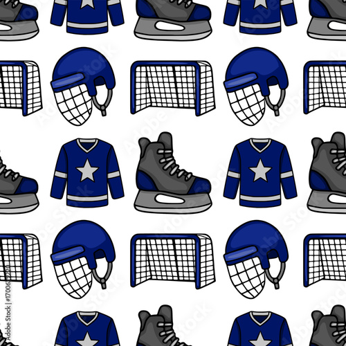 Seamless vector pattern featuring hand-drawn hockey equipment: jersey, skates, helmet, and net, in a navy blue and gray color scheme, ideal for sports-themed designs.