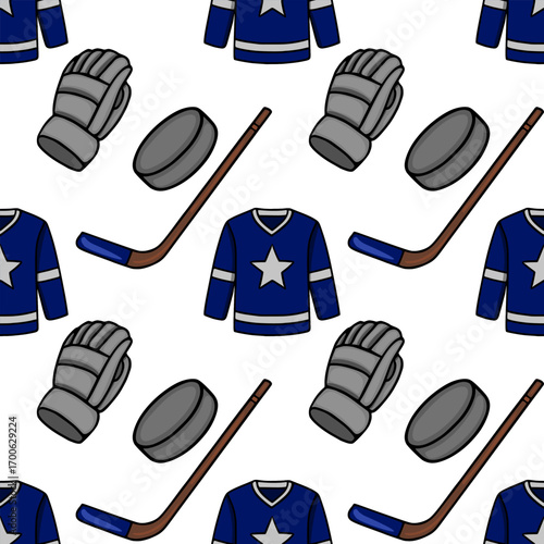 Seamless vector pattern featuring hockey jersey, gloves, stick, and puck in navy blue and gray, ideal for sports-themed designs and backgrounds.