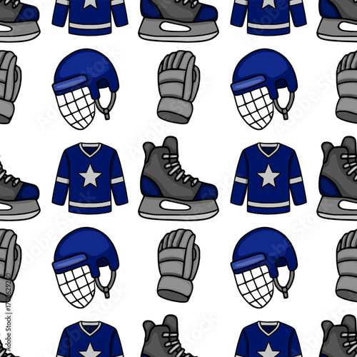 Seamless vector pattern featuring a playful hockey equipment design with navy blue jerseys, grey skates, and helmets, creating a lively and energetic sports theme.