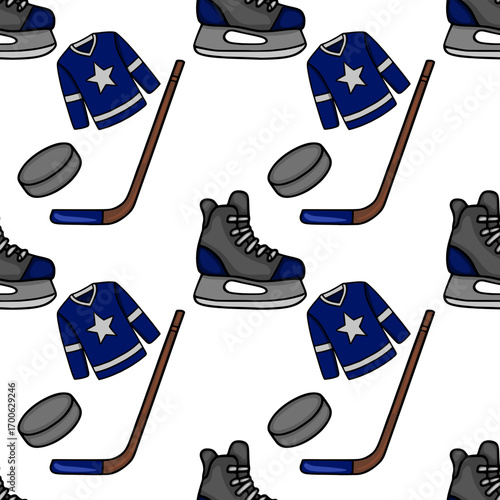 Seamless vector pattern featuring hockey skates, jersey, stick, and puck in a playful, hand-drawn style with navy blue and grey color palette.