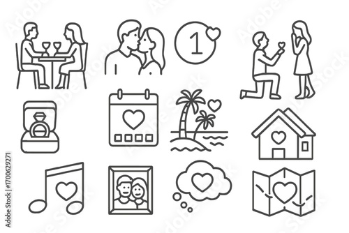 Romantic Milestones Icons. Line style icons of romantic milestones: first date icon, first kiss, anniversary number, proposal