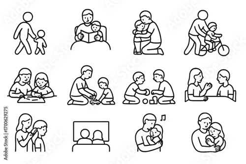 Parent-Child Bonding Icons. Line style icons of parent-child bonding: walking together, reading bedtime story, hugging, learning