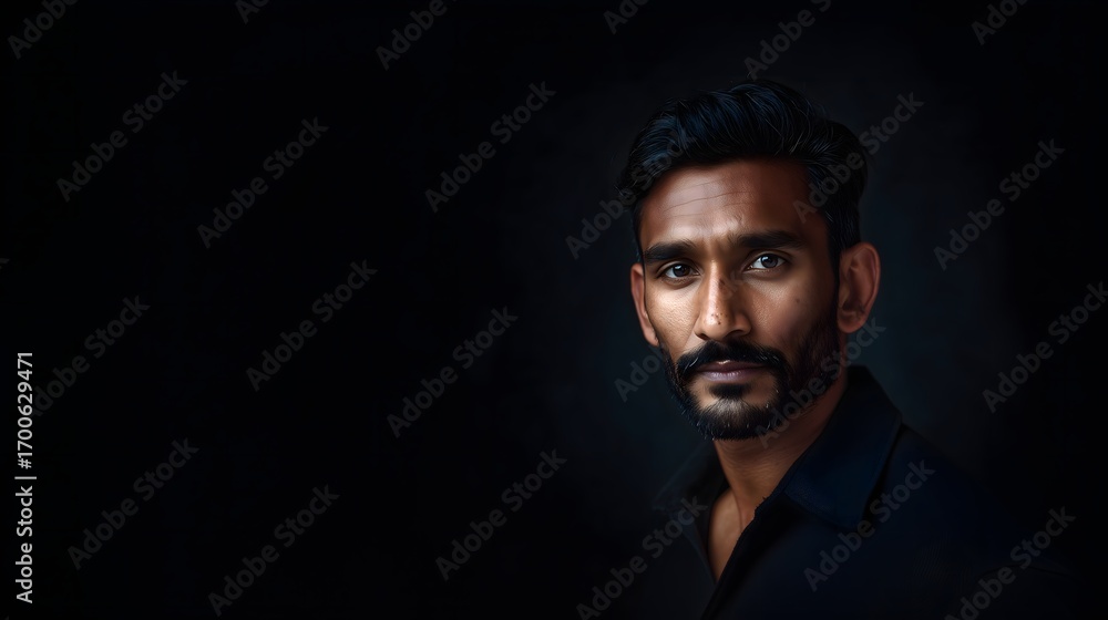 Fototapeta premium Dramatic tightly cropped portrait of South Asian man with trimmed beard and deep piercing eyes