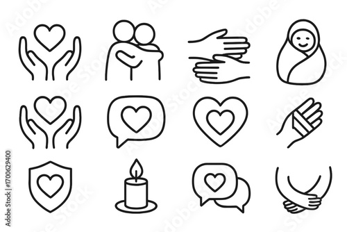 Emotional Safety Icons. Line style icons of emotional safety: trust icon, two people hugging, comfort gesture, warm blanket; heart
