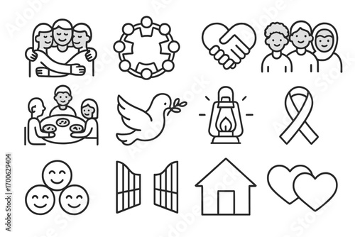 Symbols of Unity. Line style icons of community and peace: group hug, unity circle, heart handshake, diverse people; shared meal,