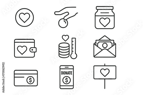 Financial Charity Icons. Line style icons of financial charity: coin with heart, hand dropping coin, piggy bank, donation jar;