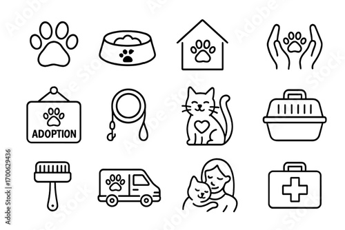 Animal Charity Icons. Line style icons of pet and animal charity: paw print, food bowl, shelter house, hands with paw; adoption