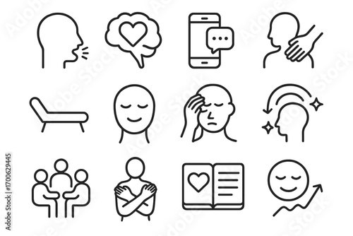 Mental Health Icons. Line style icons of mental health support: talking head, brain with heart, support chat, comfort touch;