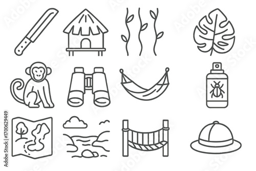 Jungle Exploration Icons. Line style icons of jungle exploration: machete, jungle hut, vines, tropical leaf; monkey, binoculars,
