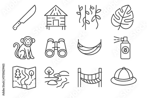Jungle Exploration Icons. Line style icons of jungle exploration: machete, jungle hut, vines, tropical leaf; monkey, binoculars,
