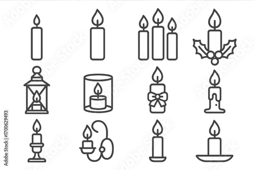 Festive Candle Icons. Line style icons of festive candles: single candle, candle with flame, three candles, candle with holly;