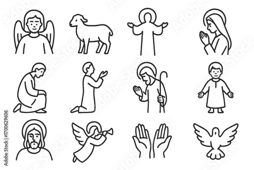 Sacred Easter Icons. Line style icons of sacred Easter figures: angel, lamb, risen Christ silhouette, praying woman; kneeling
