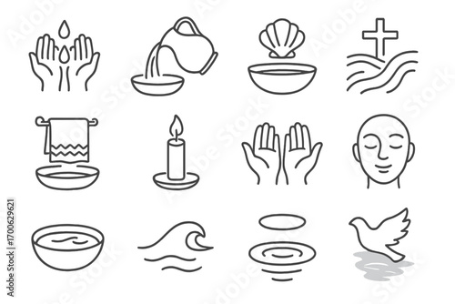Peaceful Water Rituals. Line style icons of peaceful water rituals: hands with droplets, pouring jug, shell above bowl, river