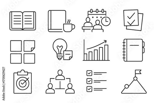 Work Planning Icons. Line style icons of work planning: open agenda, planner with coffee, meeting schedule, task stack; sticky
