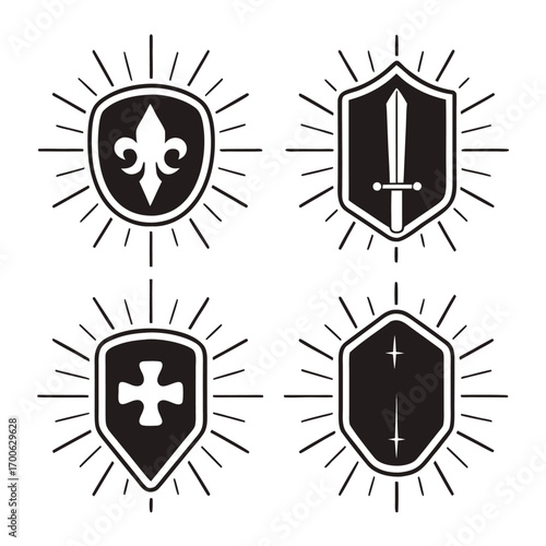 Four heraldic shields with sunbursts isolated on white background, featuring fleurdelis, sword, cross, and simple design