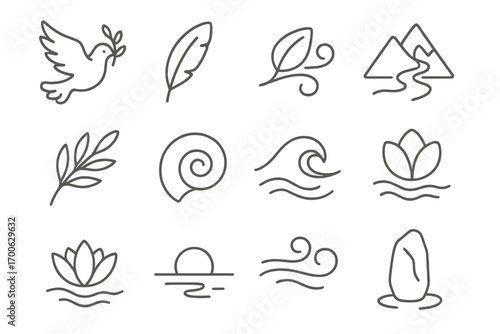 Nature Icons Collection. Line style icons of nature and peace: dove, feather, leaf in wind, mountain stream; open sky, flowing