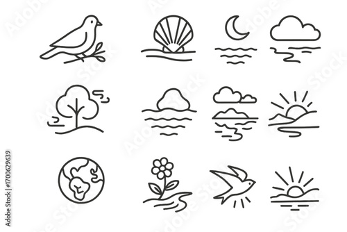 Nature Faith Icons. Line style icons of faith in nature: dove on branch, shell on shore, water under moon, mountain and river;
