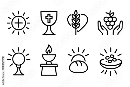 Spiritual Communion Icons. Line style icons of spiritual communion meaning: host with rays, chalice and cross, wheat over heart,