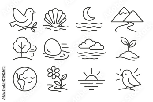 Nature Faith Icons. Line style icons of faith in nature: dove on branch, shell on shore, water under moon, mountain and river;