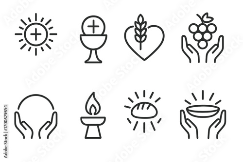 Spiritual Communion Icons. Line style icons of spiritual communion meaning: host with rays, chalice and cross, wheat over heart,