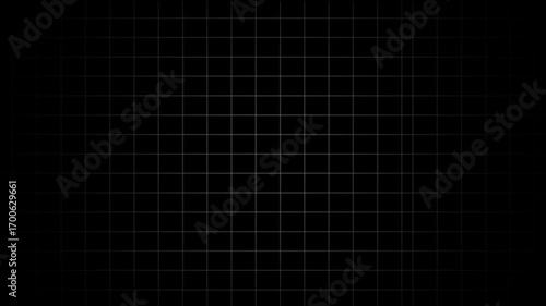 Black background with animated thin white wireframe grid line fit for alpha channel or overlay layer. Mesh shiny tile-like creative animated video . Grid graph pattern moving vertically downward ,