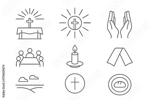 Sacred Communion Icons. Line style icons of sacred communion atmosphere: light over altar, rays from host, peace hands, gathered