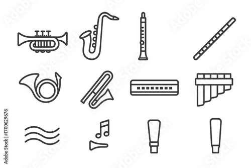 Wind Instrument Icons. Line style icons of wind instruments: trumpet, saxophone, clarinet, flute; French horn, trombone, harmonica