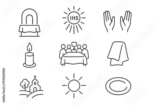 Sacred Communion Icons. Line style icons of sacred communion atmosphere: light over altar, rays from host, peace hands, gathered