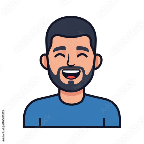 Smiling man laughing joyfully in a blue shirt, showcasing happiness and positive emotions in a bright and cheerful mood.