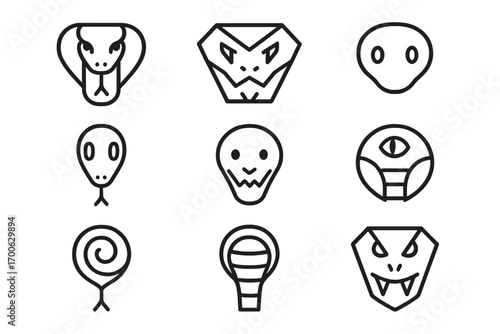 Abstract Snake Iconography. Line style icons of abstract snake faces: geometric cobra, angular viper, minimal python, rounded boa;