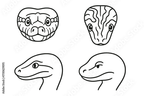 Anaconda Head Icons. Line style icons of anaconda head shapes: heavy anaconda face, wide snout view, top view anaconda, resting